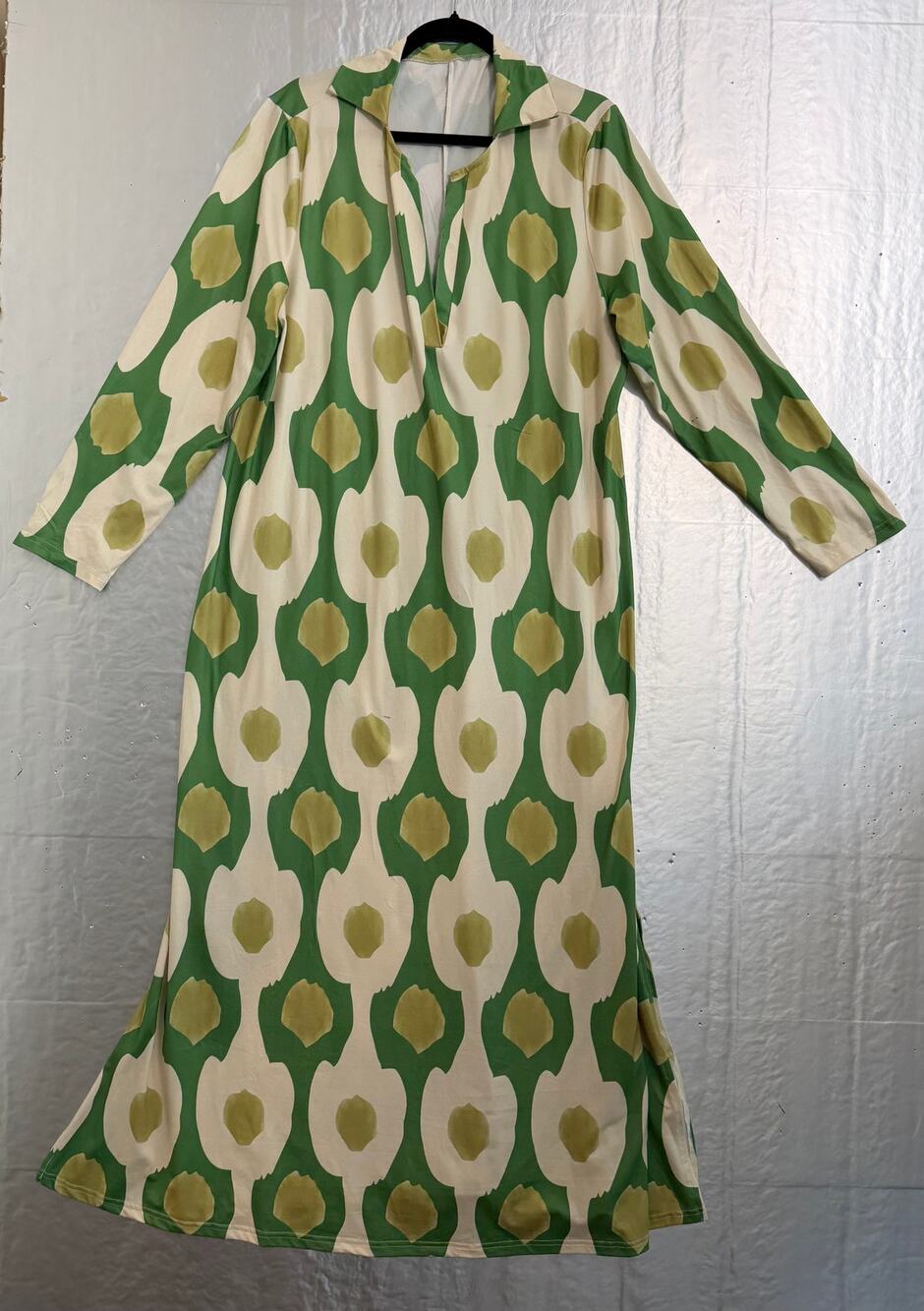 Women’s 2X Green Cream Floral Long Sleeve Collared Modest Maxi Dress Boho